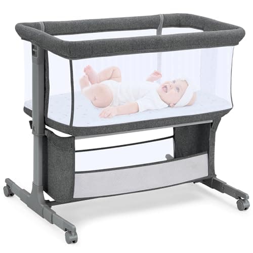 Growaystory Beistellbett Baby Bettseitiger Bassinet für Neugeborene Tragbarer Baby Bett mit Rädern Aufbewahrungskorb Matratze 7-Fach Höhenverstellbar Zustellbett (Dunkelgrau)