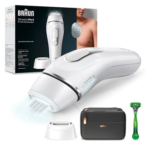 Braun Silk-expert Pro 5 Depiladora Hombre Luz Pulsada IPL, Cabezal de Precisión Ancho y Maquinilla Afeitar Gillette Body, Alternativa a la Depilación Láser en Casa, PL 5145, Última Generación, Blanca