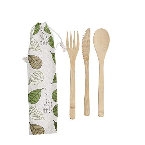 KitchenCraft Natural Elements Travel Cutlery Set, Reusable and Biodegradable Bamboo Knife, Fork and Spoon in Fabric Pouch