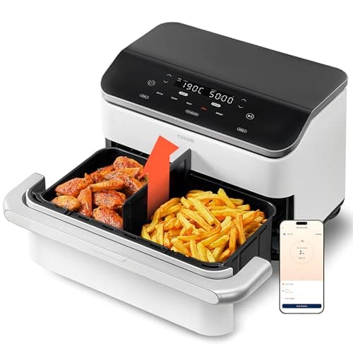 COSORI Double Blaze TwinFry 10L Hot Air Fryer with 4 Heating Tubes & Flexible Chambers, Even Heat Distribution, Temperature up to 240°C, Cream White, White