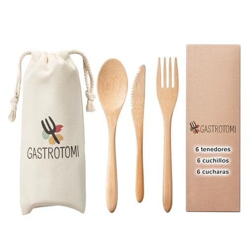 GASTROTOMI Cubiertos de Bambú Reutilizables para Llevar con Bolsa, Set de 18 Piezas Tamaño Normal (20 cm), Cubiertos de Madera sin Plástico para Oficina, Viaje, Picnic y Camping