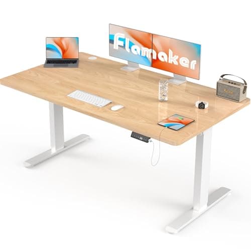 Flamaker Large Standing Desk 160x80cm with USB Charging Port, Sit Stand Reminder Desk Height Adjustable Electric Desk for Home Office with Cable Management Tray, Beige with Wheels