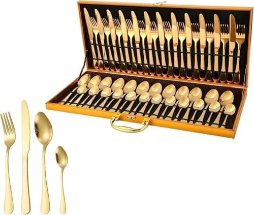 48-Piece Stainless Steel Cutlery Set in Wooden Box - Complete Silverware Set for 12 People, Includes Steak Knives, Forks, and Spoons