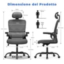 naspaluro Sedia da Ufficio Ergonomica Con Supporto Lombare Adattativo a Forma Di C, Poggiatesta Regolabile, Braccioli Ribaltabili, Poltrone Ufficio a Rete Traspirante per Scrivania, Casa,Grigio Nero - 2