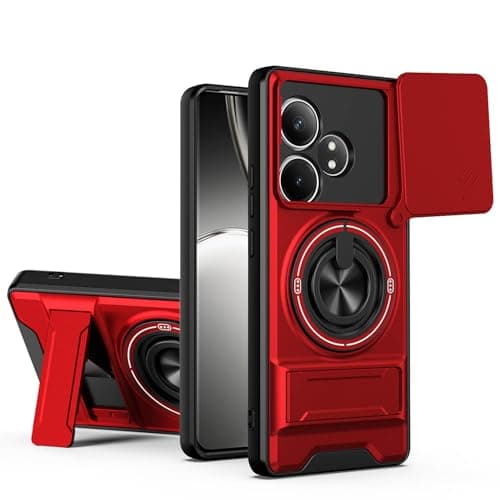 YSONCHAN Phone Case for OPPO Realme GT 6T/Realme GT 6 5G/GT Neo6, Shockproof Cover with Slide Camera Cover, 360° Magnetic Rotating Ring Stand, Anti-Fingerprint Case. Red
