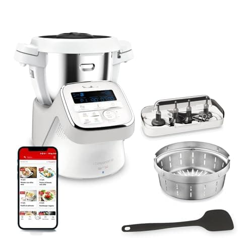 Moulinex I-Companion XL - Robot da cucina connesso, con 14 funzioni automatiche, capacità 10 persone, bianco, grigio, made in France