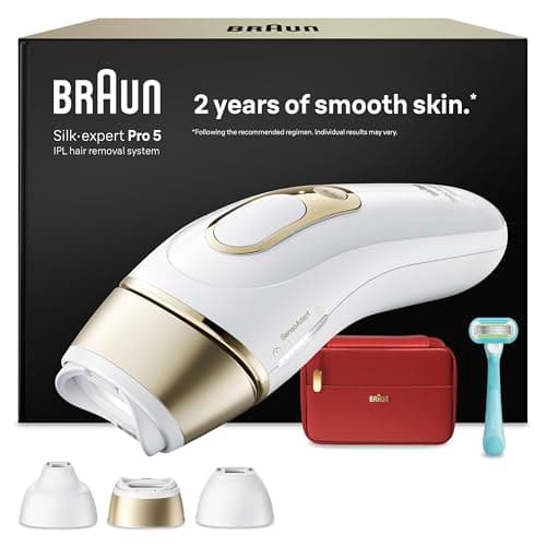 Braun Smart IPL Geräte Haarentfernung Silk·expert Pro 5 — Professionelle Dauerhafte Laser Haarentfernung für Zuhause, Designed in Germany — Inkl. Etui, Venus Rasierer, 3 Aufsätze — PL5321, Weiß/Gold