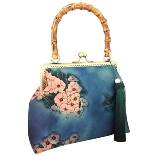 Healvian Vintage Kiss Lock Handbag Women's Chinese Style Handbag with Kiss Lock Closure Compact Lightweight Shoulder Bag with Inner Pocket and Tassel Stylish Small Bag for