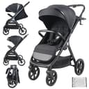 Twinly - Spacely - Passeggino Leggero 25 kg Portata, Passeggino da Viaggio Pieghevole ad una Mano, Seduta Ampia e Confortevole, Ruote Grandi Ammortizzate, Cappottina XXL e Parapioggia (Nero) - 1