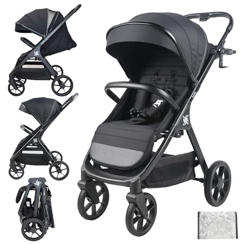 Twinly - Spacely - Passeggino Leggero 25 kg Portata, Passeggino da Viaggio Pieghevole ad una Mano, Seduta Ampia e Confortevole, Ruote Grandi Ammortizzate, Cappottina XXL e Parapioggia (Nero)