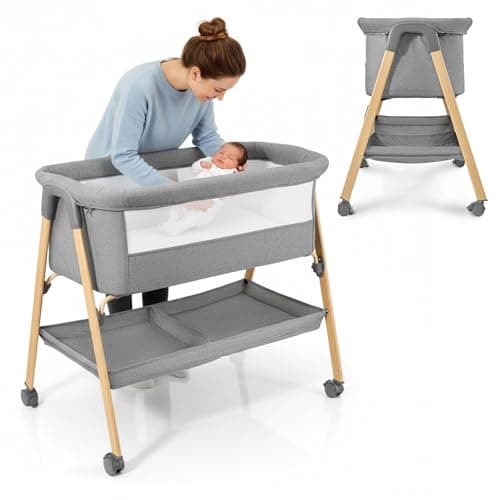 Moby-System Babybett Mili – Reisebett 0–6 Monate, Klappbar mit Matratze, Netzseiten, Stauraum, Rollen mit Bremse, Leicht & Stabil, Grau, Neugeborene, Beistellbett ohne Bohren, 9 kg Max.