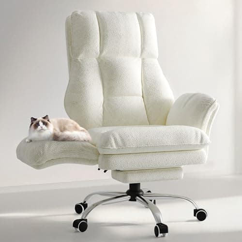 HOMRELEXA Bürostuhl Chefsessel Ergonomisch, Gaming Stuhl mit Fußstütze & 135° Verstellbarer Rückenlehne, Drehstuhl mit klappbaren Armlehnen, Hochlehner aus Teddy-Fleece Stoff – Beige