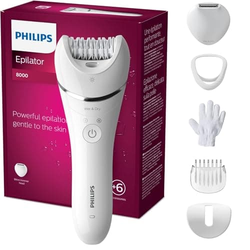Philips Depiladora Mujer Serie 8000, 6 en 1, Para Cuerpo, Cara, Pies y Bikini, Uso en Seco o Humedo, Piel Suave desde Casa, Cabezal Ceramico, BRE715/00, Blanco