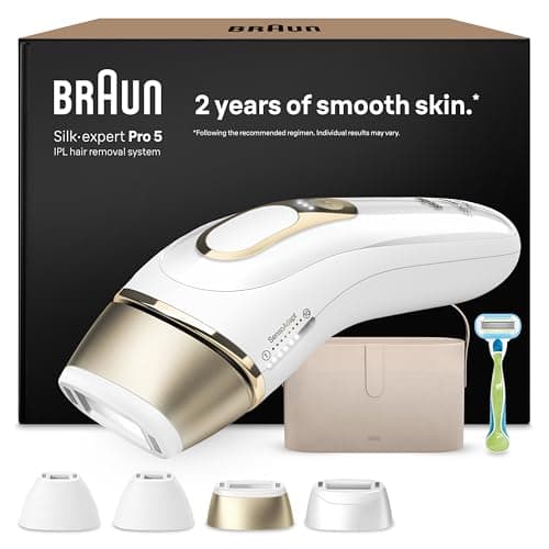 Braun Luz Pulsada Silk-expert Pro 5, Alternativa a Depiladora Laser, Eliminación Del Vello En Casa, Depiladora IPL Con Funda, Maquinilla Venus, 4 Cabezales Para Cara y Cuerpo, Blanca/Dorada, PL5342