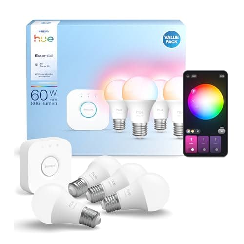 Hue Essentials Kit Inicio: Hue Bridge + 4 bombillas led inteligentes E27, Luz Blanca y Colores, regulable 2200-6500 K, compatible con Alexa, Google Assistant, Samsung SmartThings y Apple Home