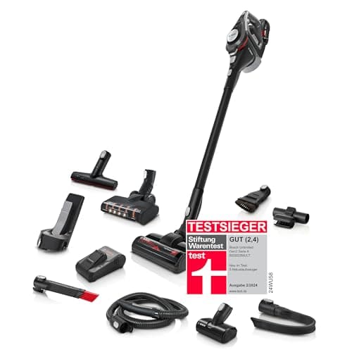 Bosch Unlimited 8 BSS825MULT Cordless Vacuum Cleaner, HEPA Filter System, High Suction Power, Long Runtime, Replaceable 5.0 Ah Battery, Quick Charger, Mini Turbo Nozzle, Grey