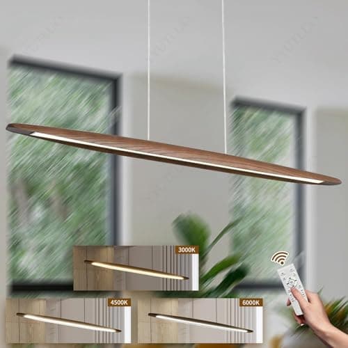YYUTLUO LED Wood Pendant Light Dining Table Pendant Light, Brown Dimmable with Remote Control Pendant Lamp, Height Adjustable, Modern Linear Design Living Room Lamp Hanging Office Dining Room (130cm)