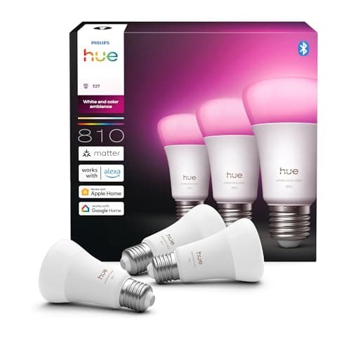 Philips Hue Bombilla A60 Smart LED, White and Color Ambiance, base E27, 6 W, luz espectro completo 1000-20.000 K, 810 lm, regulable, funciona con Alexa, Google Assistant y Apple Home, paquete de 3 ud