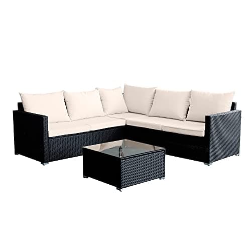 Panana 5 Seater Rattan Garden Furniture Corner Sofa Set with Coffee Table, Outdoor Patio Lounge Set with Cushions & Free Cover for Garden, Conservatory, Terrace