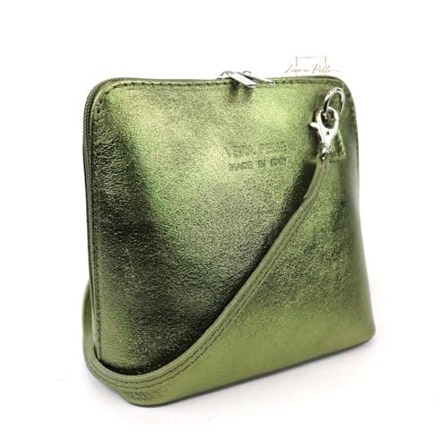 Vera Pelle Metallic Genuine Italian Leather Handbag with Detachable Straps - Handmade Leather Crossbody Bag - Elegant Women's Handbag (Olive)