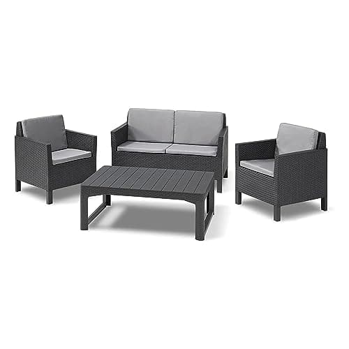 Allibert by Keter Chicago Lounge Set für 4 Personen, 2-er Sofa, 2 Gartensessel mit Rückenkissen und höhenverstellbarem Lyon Tisch, graphit/cool grau, wetterfest