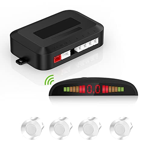 Kit di assistenza al parcheggio senza fili, sistema radar posteriore con 4 sensori PDC, display LED senza fili della distanza con avviso acustico + 4 sensori di parcheggio posteriori di colore bianco