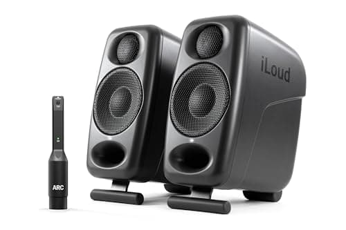 IK Multimedia iLoud Micro Monitor Pro - Par - Monitores de estudio compactos, de 2 vías, biamplificados, altamente portátiles y controlados digitalmente. Incluye micrófono ARC. Color negro.