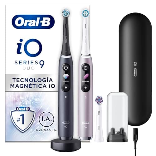 Oral-B iO 9 Pack de 2 Cepillos de Dientes Eléctricos Negro y Rosa, Con 3 Cabezales y 1 Estuche Cargador de Viaje, 7 Modos De Limpieza, Sensor De Presión, Carga Rápida, Diseñado por Braun