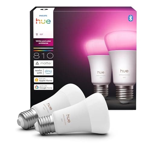 Philips Hue Bombilla A60 Smart LED, White and Color Ambiance, base E27, 6 W, luz espectro completo 1000-20.000 K, 810 lm, regulable, funciona con Alexa, Google Assistant y Apple Home, paquete de 2 ud