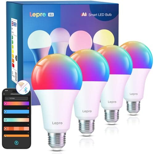 Lepro AI Smart Bulb E27, 4 Packs 1520LM Colour Changing Light Bulb, 12W(100W) WiFi Bulbs, Schedule & Timer, Work with Alexa & Google Assistant, Personalized AI Lighting Designer