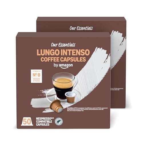 by Amazon Lungo Intenso Nespresso Compatible Plastic Coffee Caplused, Medium Roast, 100 Count (2 Packs of 50), Rainforest Alliance Certified