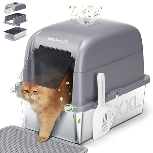 Meowant Lettiera Gatto in Acciaio Inox, Lettiere XXL, Nascosta Design Chiuso, Toilette Grande per Gatti di Grossa Taglia, Antiaderente, a Prova di Perdite, Staccabile e Facile da Pulire, Grigio