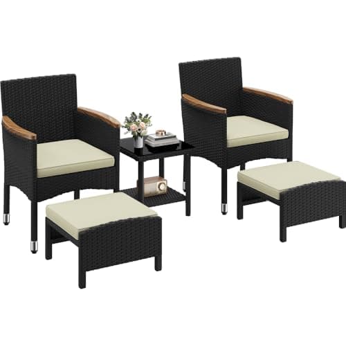 Yaheetech Set di 5 Mobili da Giardino in Rattan PE Mobili da Balcone con 2 Poltrone 2 Poggiapiedi 1 Tavolino in Vetro per Esterno Patio Terrazza Nero/Beige