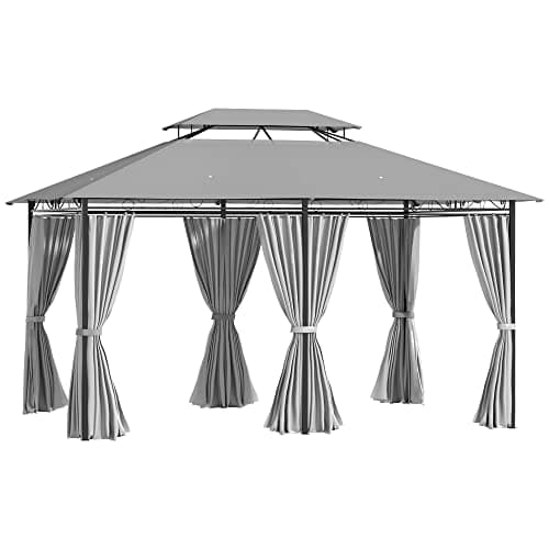 Outsunny 4m x 3(m) Garden Gazebo, Double Roof Outdoor Gazebo Canopy Shelter with Curtains, Solid Steel Frame for Lawn and Deck, Dark Grey
