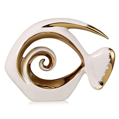Statuette di pesci in ceramica bianco oro - Decorazione costiera per casa, centrotavola moderni oceanici per soggiorno, bagno, ufficio, casa sulla spiaggia, nautico, litorale, ingresso, espositore