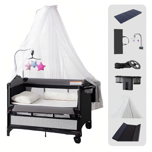 Veitoalioy Multifunktional Baby Beistellbett mit Neben, Convertible Faltbar Co-Sleeping Babybett, Ausgestattet Luxus Moskitonetz mit einem großen Lagerkorb und beweglichen Rädern (6602 Black)