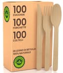 Set Posate Ecologiche in Legno di Betulla 100 Forchette + 100 Coltelli + 100 Cucchiai - Monouso 100% Naturali Biodegradabili e Compostabili Usa e Getta - 1