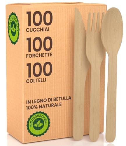 Set Posate Ecologiche in Legno di Betulla 100 Forchette + 100 Coltelli + 100 Cucchiai - Monouso 100% Naturali Biodegradabili e Compostabili Usa e Getta