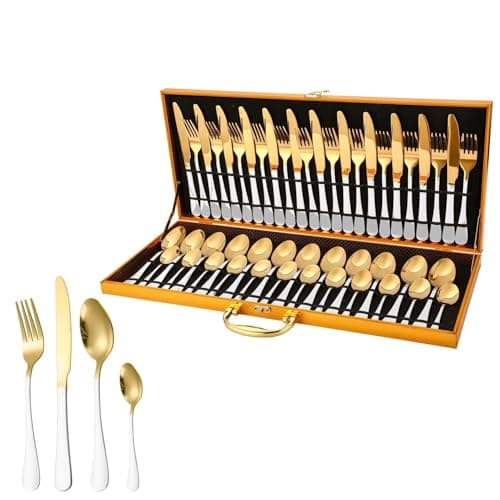 48-Piece Stainless Steel Cutlery Set in Wooden Box for 12 People - Includes Steak Knives, Forks, and Spoons for Home and Hotel Use
