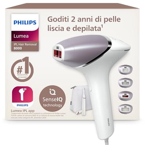 Philips Lumea 8000 Series, dispositivo di epilazione IPL, alternativa ai dispositivi di epilazione laser, con tecnologia SenseIQ, 4 accessori per corpo, rifinitore a penna Satin Compact, BRI949/00