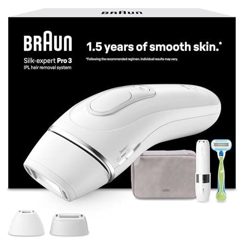 Braun Luz Pulsada Silk-expert Pro 3, Alternativa a Depiladora Laser, Eliminación Del Vello En Casa, Depiladora IPL Con Funda, Maquinilla Venus, 2 Cabezales Para Cara y Cuerpo, Blanca/Plateada, PL3136