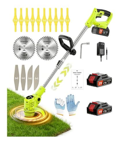 Wrneaoch Wacker eléctrico inalámbrico de 21 V, batería de 650 W 6000 RPM sin cuerda con 2 baterías de 2.0 Ah, potente recortadora de cuerdas inalámbrica para el cuidado del jardín y el césped