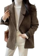 Blazer Casual da Lavoro Invernale in Misto Lana da Donna Moda Tendenza Ampia Monopetto Formale Elegante Giacca in Tweed Caldo con Risvolto Tinta Unita (caffè,XL) - 1