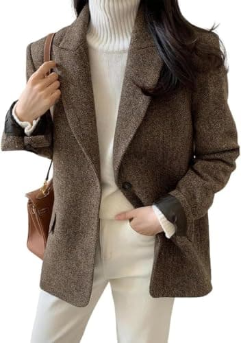 Blazer Casual da Lavoro Invernale in Misto Lana da Donna Moda Tendenza Ampia Monopetto Formale Elegante Giacca in Tweed Caldo con Risvolto Tinta Unita (caffè,XL)