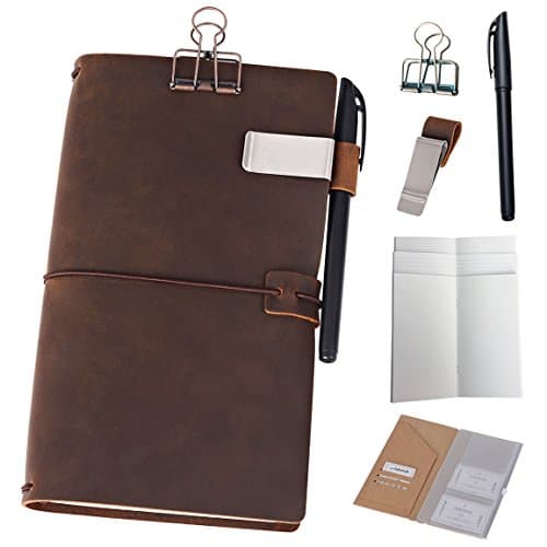 newestor Cuaderno de viaje de cuero recargable, diario de viaje de 8.5 x 4.5 pulgadas con 5 insertos + soporte para bolígrafo y clip para carpeta, tamaño estándar, color marrón