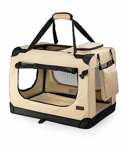 lionto Borsa trasportino per cani pieghevole per viaggi e auto, 90x61x65 cm, box di trasporto stabile con maniglie per gatti e animali fino a 22 kg, scatola in tessuto, beige
