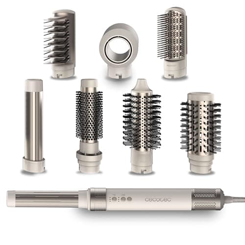 Cecotec Cepillo de Aire Secador Moldeador Alisador Multifunción 8 Cabezales CeramicCare AirGlam Champagne. 1400W, Tecnología Coanda, 3 Velocidades, 3 Temperaturas, Control Inteligente Calor, 110000rpm