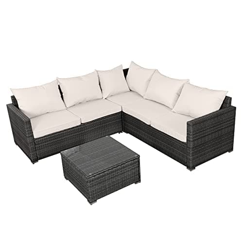 Panana 5 Seater Rattan Garden Furniture Corner Sofa Set with Coffee Table, Outdoor Patio Lounge Set with Cushions & Free Cover for Garden, Conservatory, Terrace (Mixed Grey Rattan with Beige Cushions)
