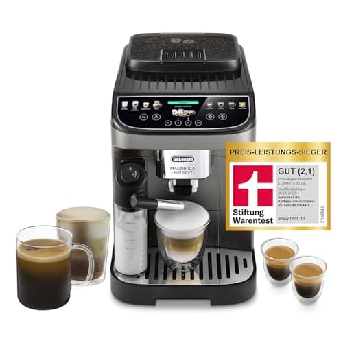 De'Longhi Magnifica Evo Next - Perfetto Fully Automatic Coffee Machine with LatteCrema Milk Frother, 13 One-Touch Drinks, Coffee and Cappuccino Coffee Machine, Coloured Touch Display, Titanium