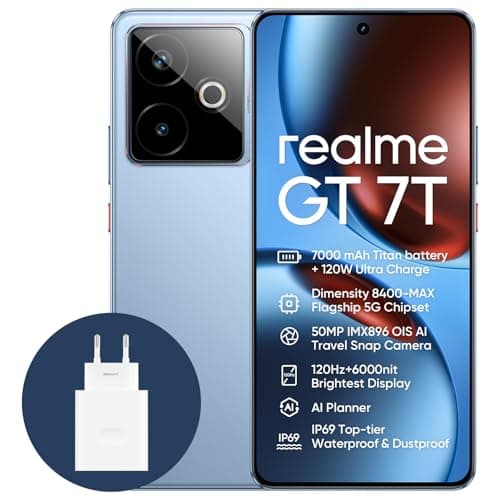 realme GT 7T 5G Smartphone, 12+256GB, 7000 mAh Battery, 120W Charge, Dimensity 8400-MAX Chipset, IMX896 50MP Camera, AI Planner, 6000nits Pro-Esports 120Hz Display, IP69, Blue, Amazon Exclusive